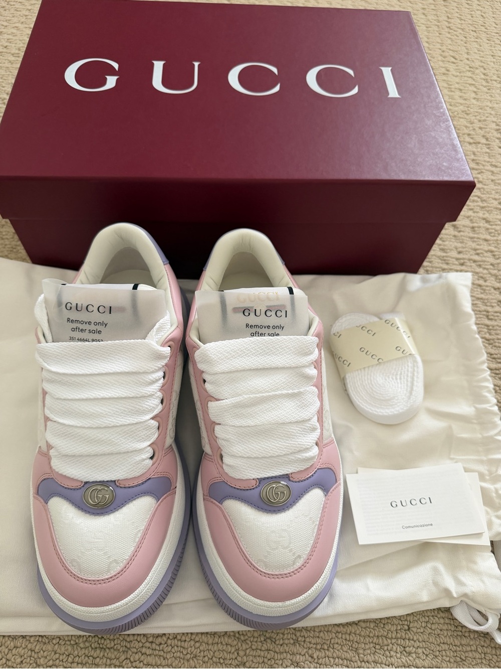 Gucci GG Women Sneakers Pink Lavender White Platform Shoes Size 37.5 Made Italy